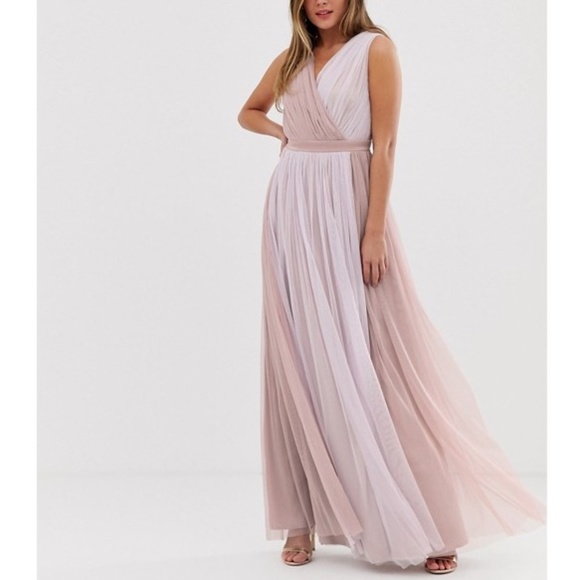 anaya with love tulle plunge neck maxi dress with ruffle sleeve and satin trim in white